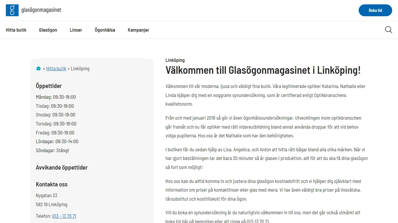 Optiker i Linköping bild på hemsidan.