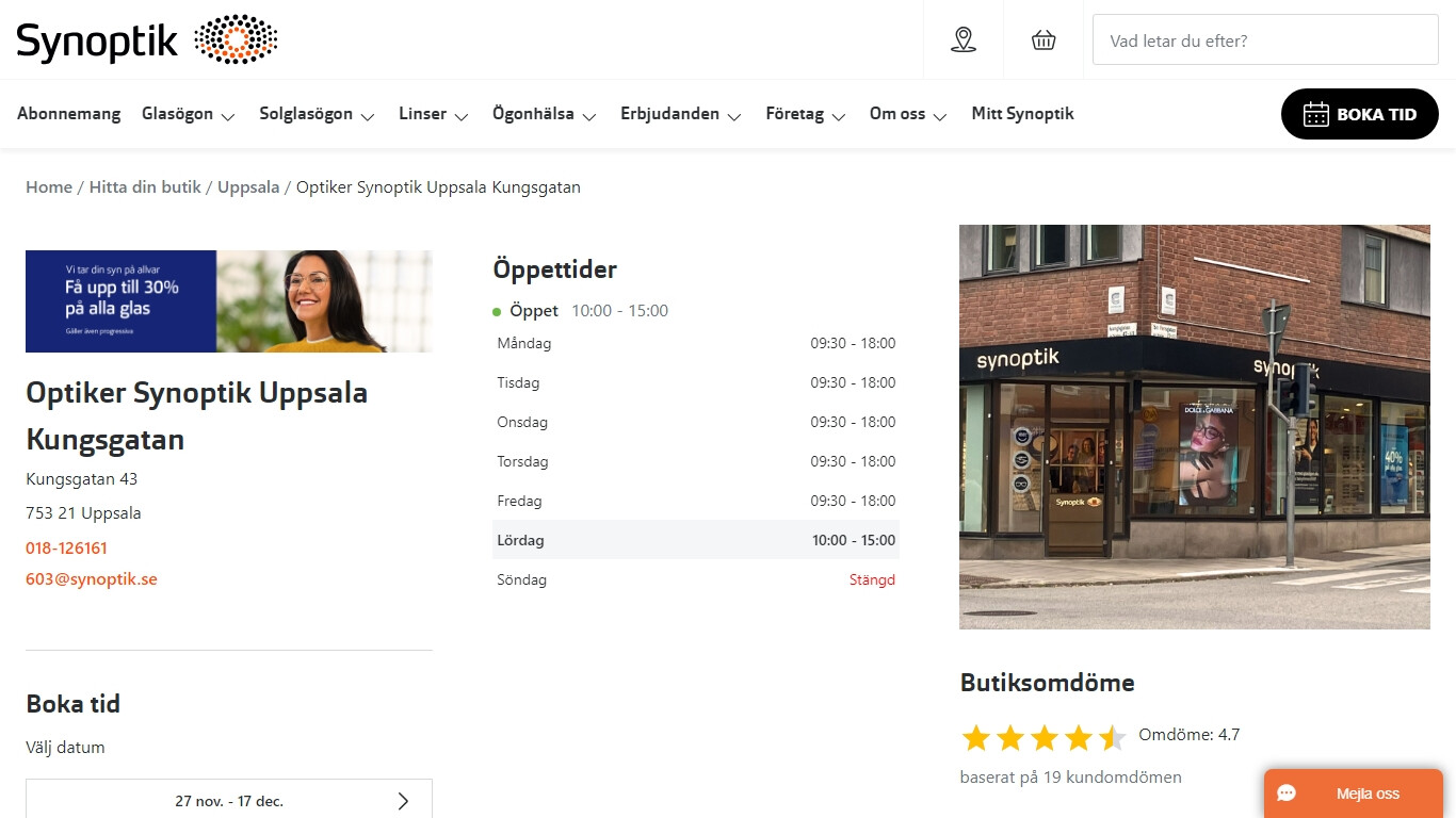Optiker i Uppsala bild på hemsidan.